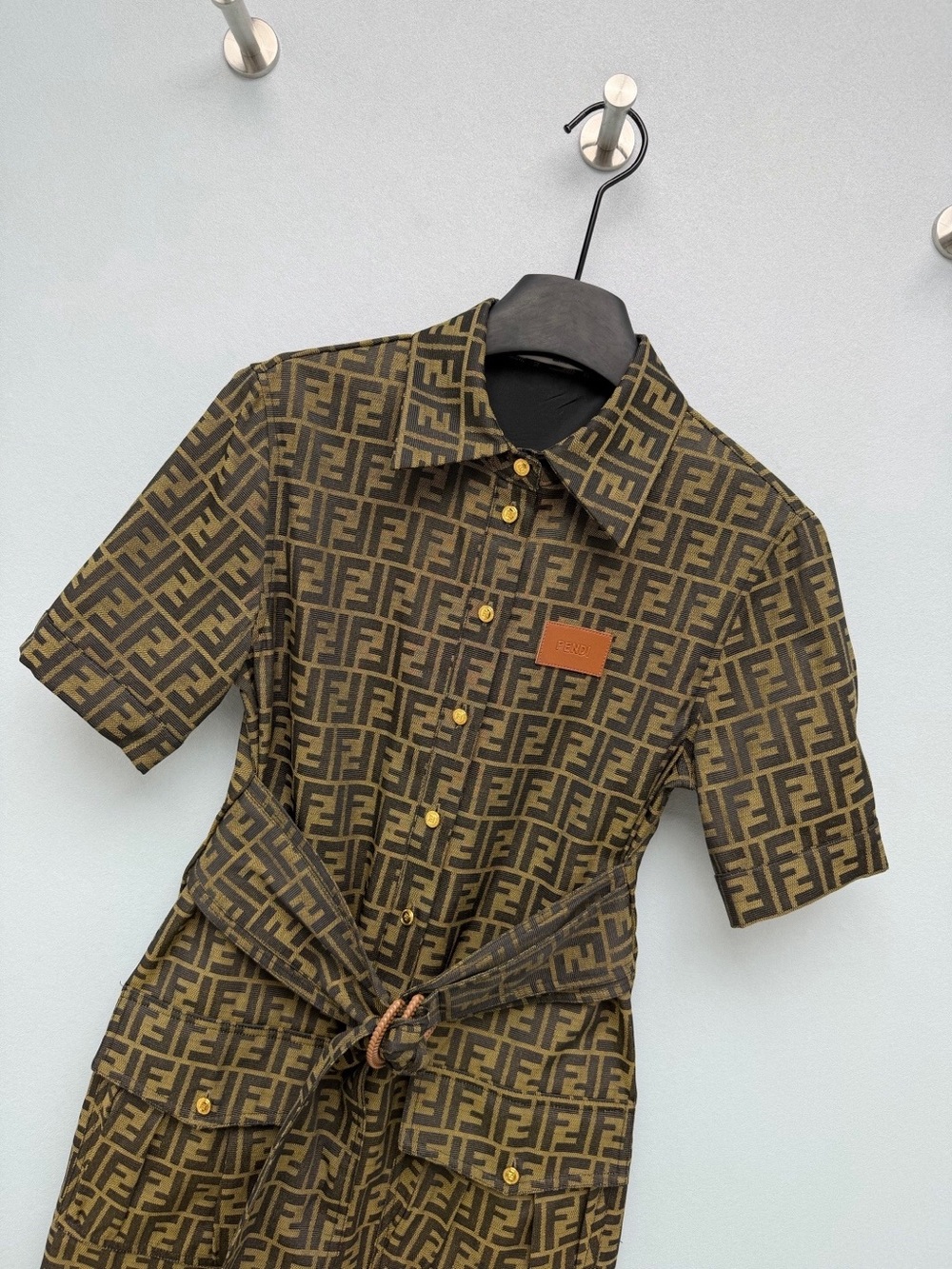 Fendi Brown FF Logo Short-Sleeve Shirt Dress with Belt - Picture 4 of 8